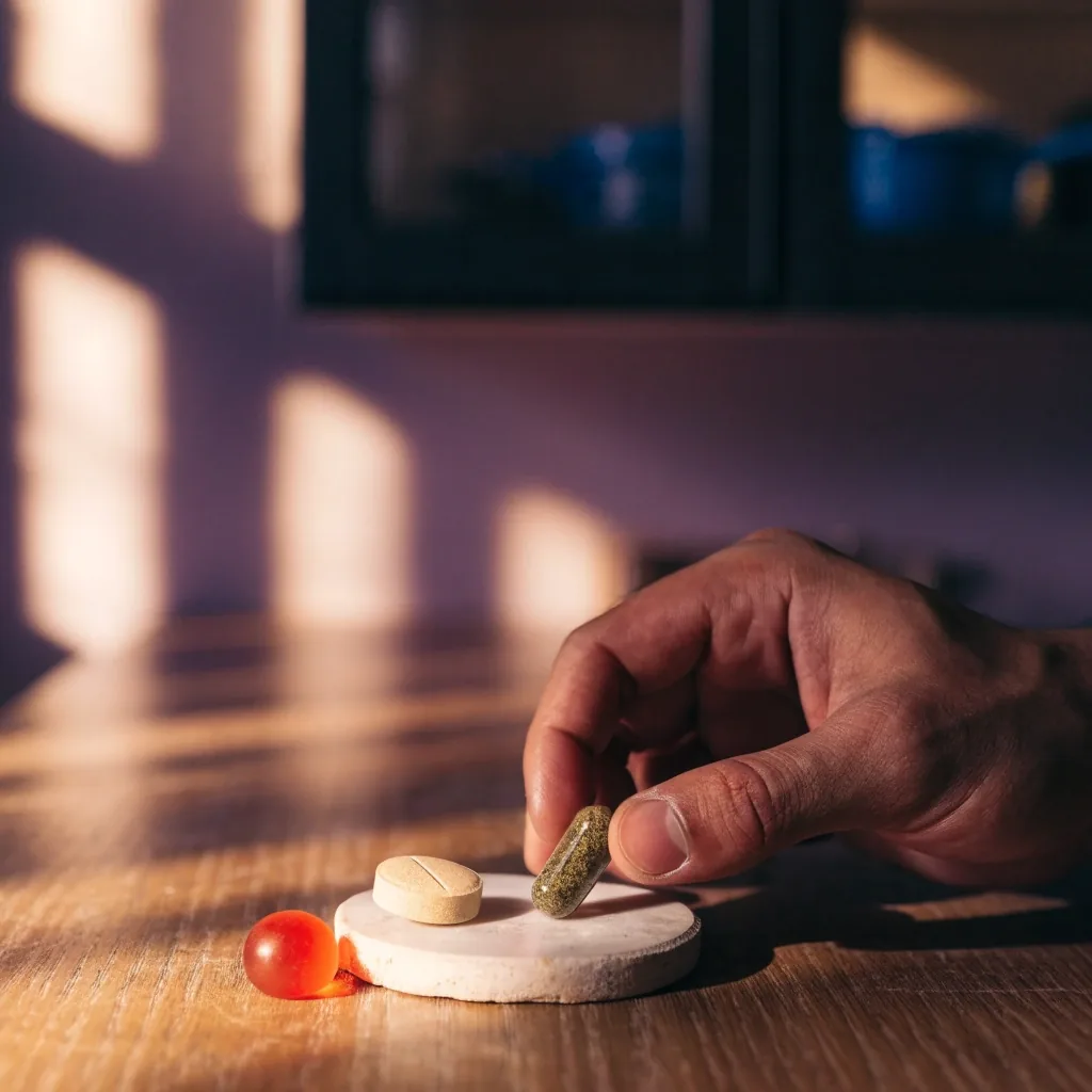 A capsule, a scored tablet and a small gummy set apart on a matte plate under warm side light