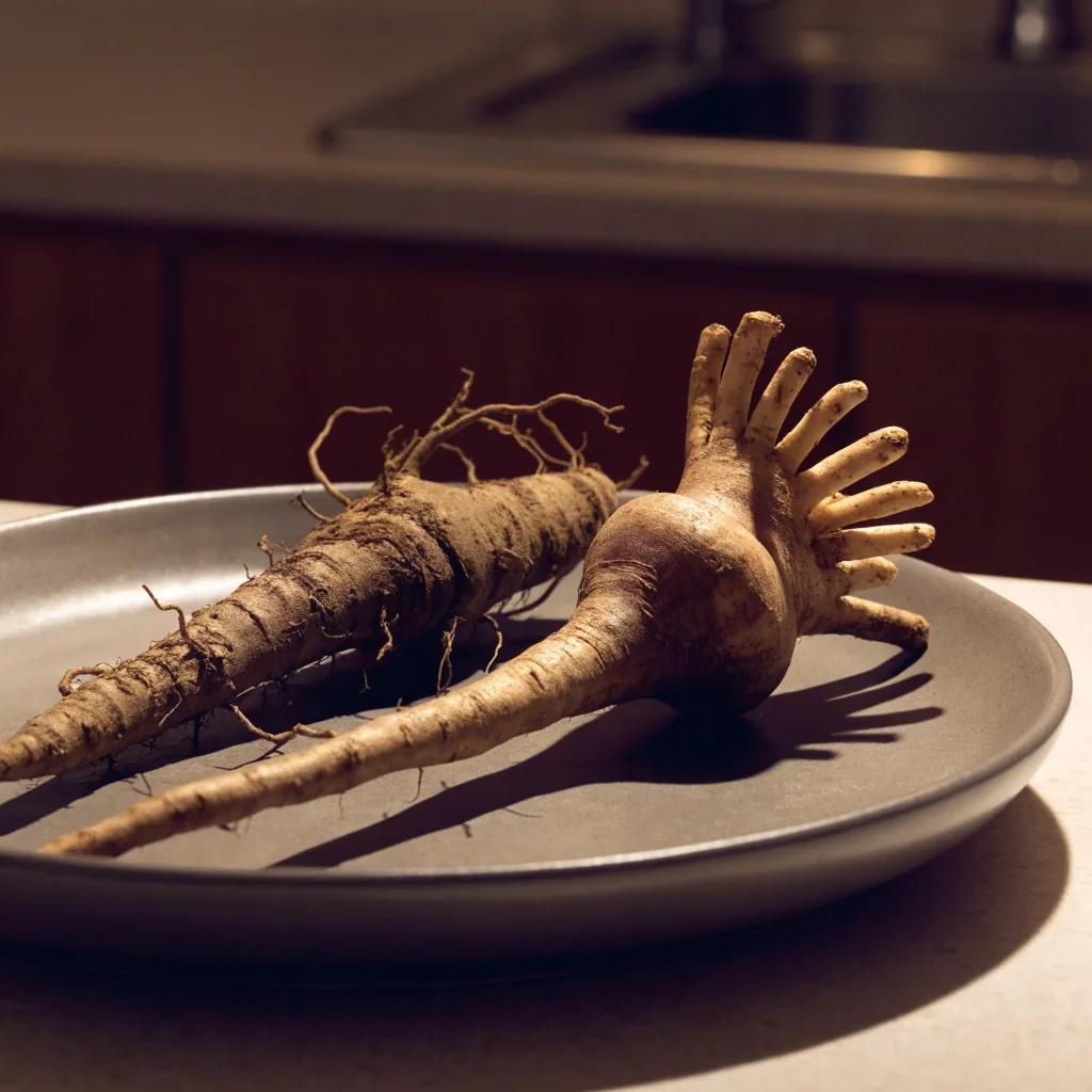 Ashwagandha root and maca root resting side by side on a matte plate on a warm counter lit from the upper right