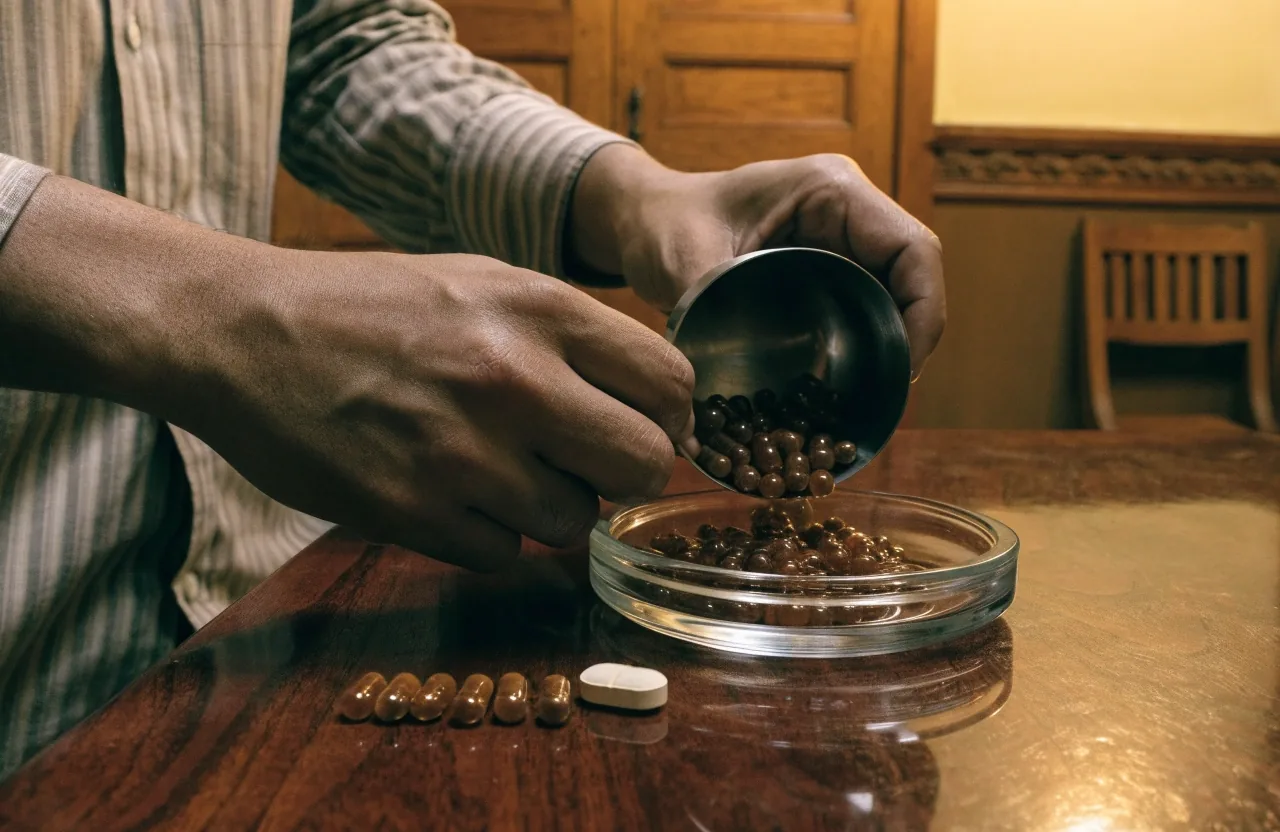 Matte counter with uncapped amber capsule jars, a steel scoop and a row of loose capsules laid out for a label check