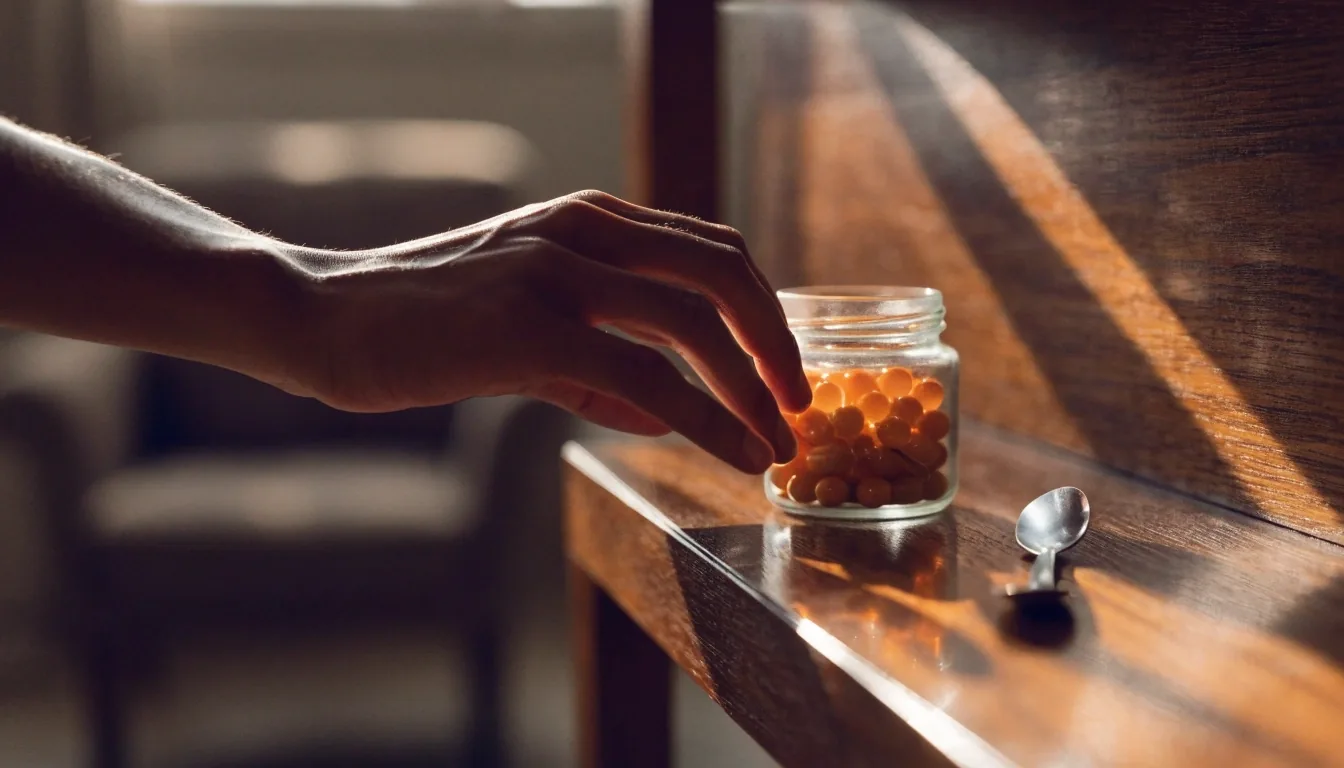Matte counter surface with a glass jar of amber capsules and a small steel scoop in soft daylight