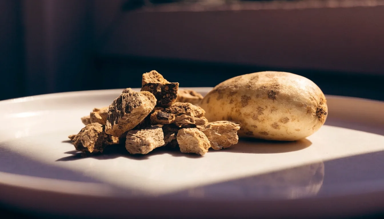 Dried ashwagandha root and maca root on a matte plate under warm window light