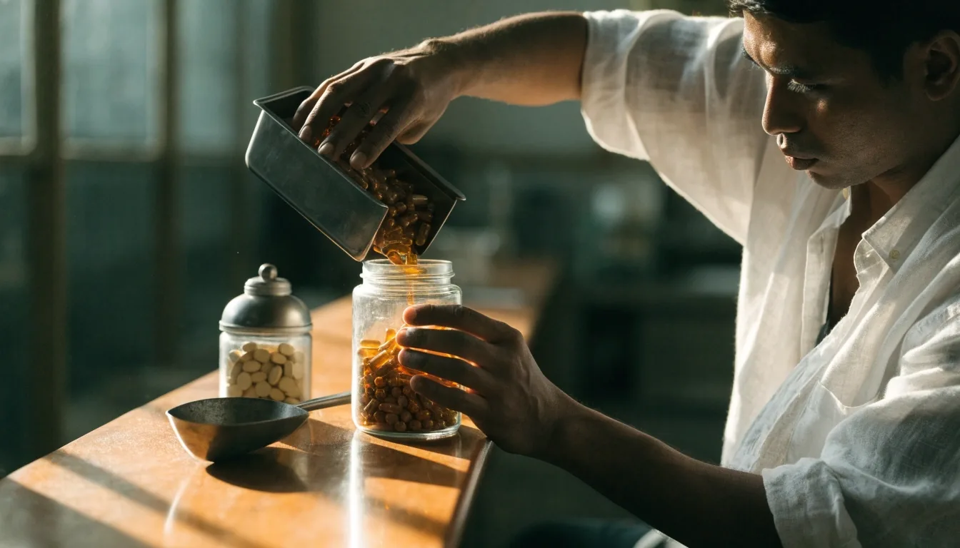 Morning supplement counter with amber capsule jars, a steel scoop and a hand pouring from a filling tray