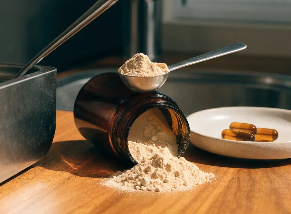 Steel scoop lifting powder from an open supplement jar, three amber capsules resting on a matte plate