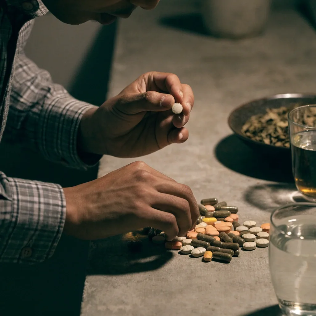 Matte counter running into a shaded interior with a glass of water, a steel tray and a bowl of dried leaves