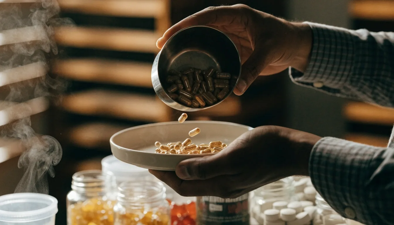 Supplement counter with glass jars of amber capsules, a steel scoop on a matte tray and steam rising from a cup in warm morning light