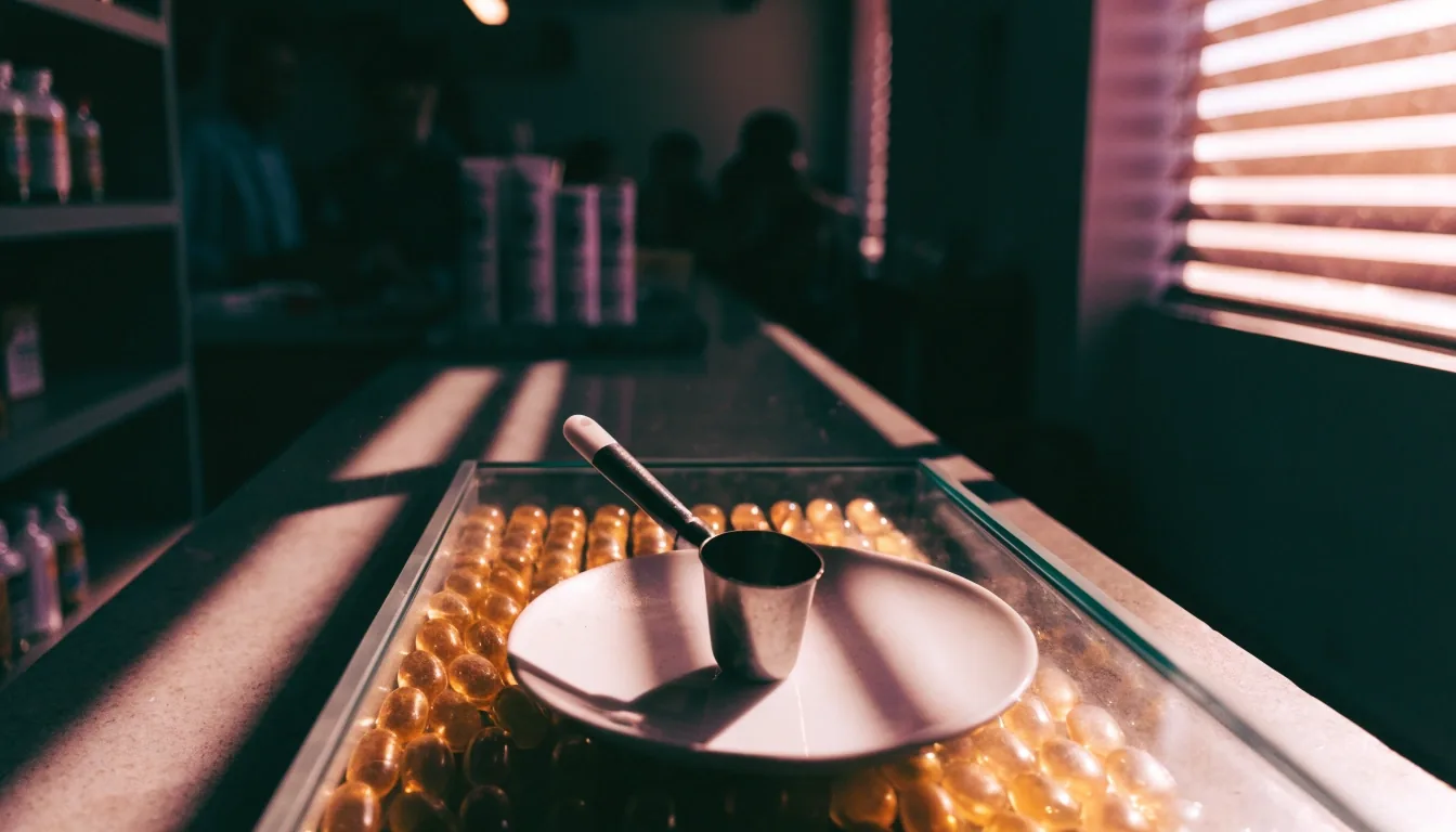 Amber natural capsules in a glass case on a Jakarta supplement counter under warm morning light