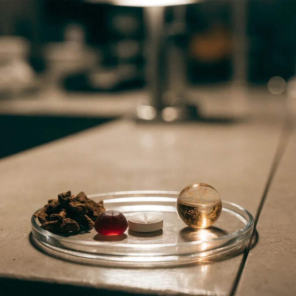 A shallow dish of assorted supplement formats arranged in a row on a matte counter under warm overhead light
